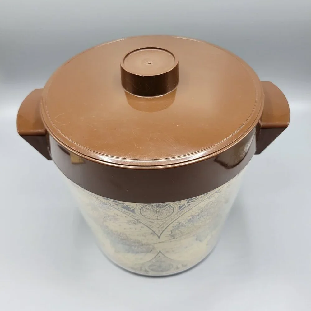 Vintage Thermo-Serv West Bend USA Brown Lid Ice Bucket With World Map Design